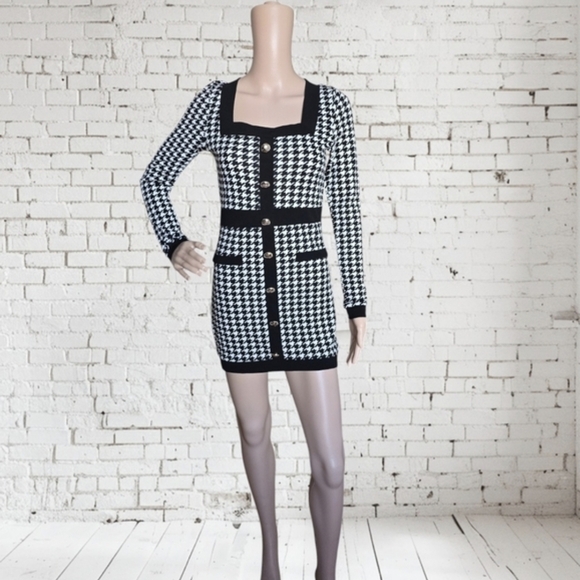 ​✨ SHEIN Black & White Houndstooth Mini Bodycon Dress - Small - Picture 2 of 9